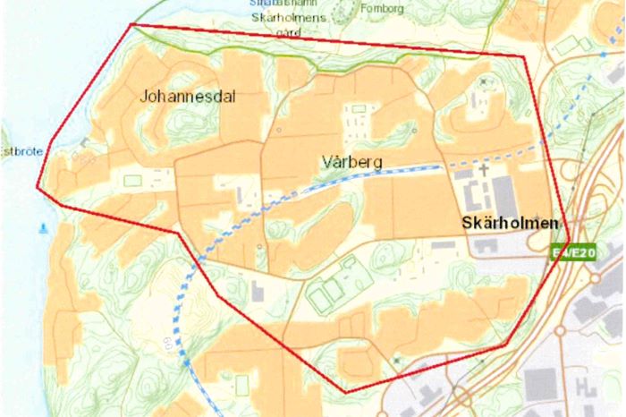 Bild på karta över Johannesdal, Vårberg och Skärholmen där kameraövervakning med UAS kommer ske.
