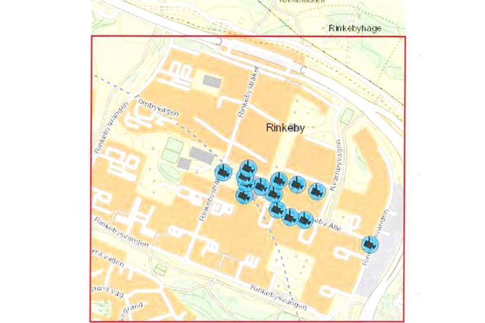Bild på karta över Rinkeby där kameraövervakning med UAS kommer ske.