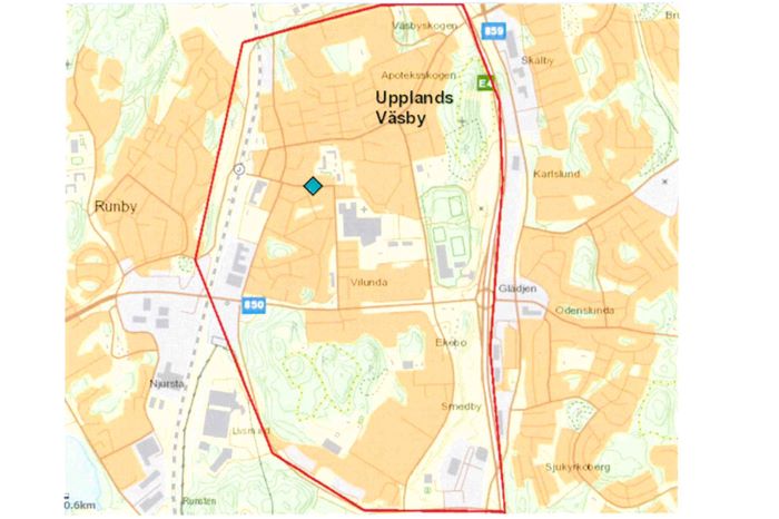 Bild på karta över Upplands Väsby där kameraövervakning med UAS kommer ske.