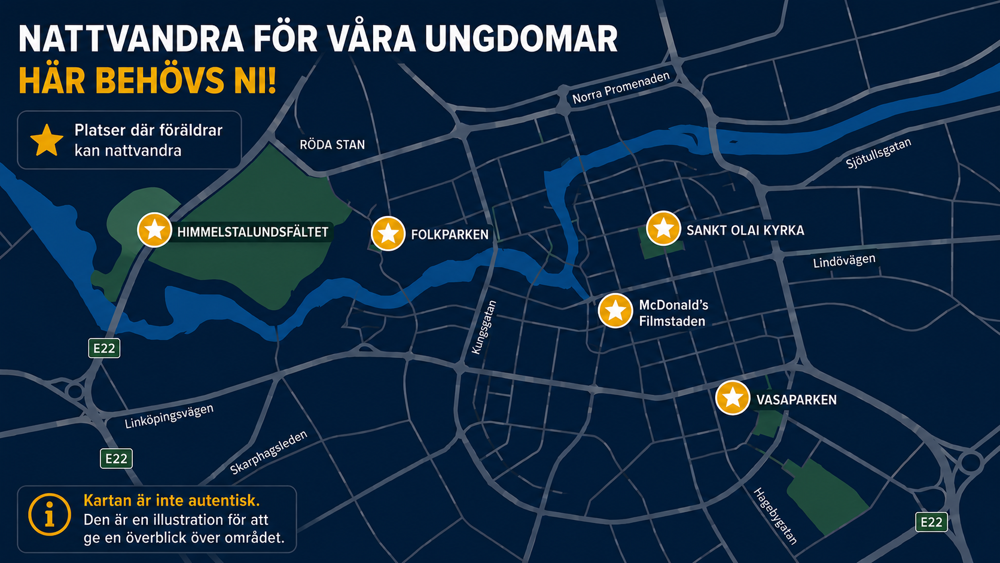 En illustrerad kartbild över Norrköping där de olika platser är stjärnmarkerade.