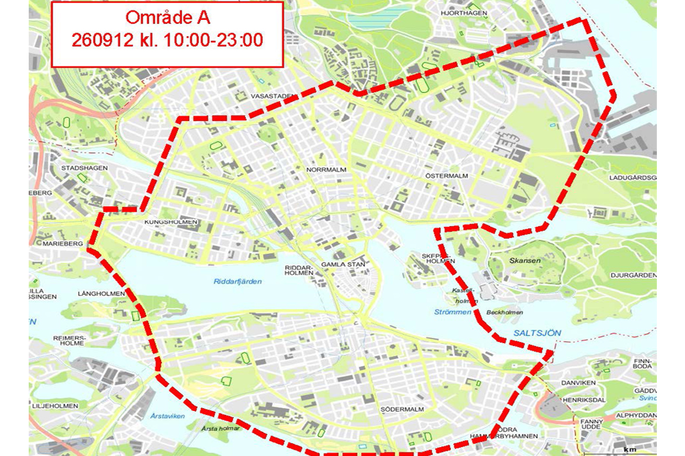 Karta över området i centrala Stockholm som kan komma att bevakas med drönare.