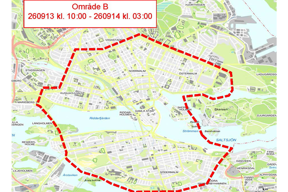 Karta över området i centrala Stockholm som kan komma att bevakas med drönare.