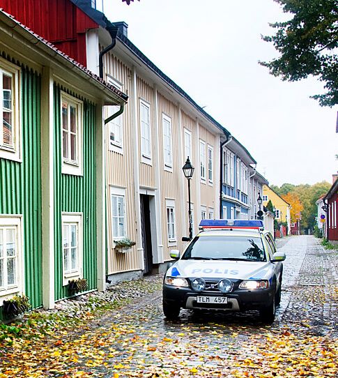 Polisbil på gata med trähus och höstlöv.