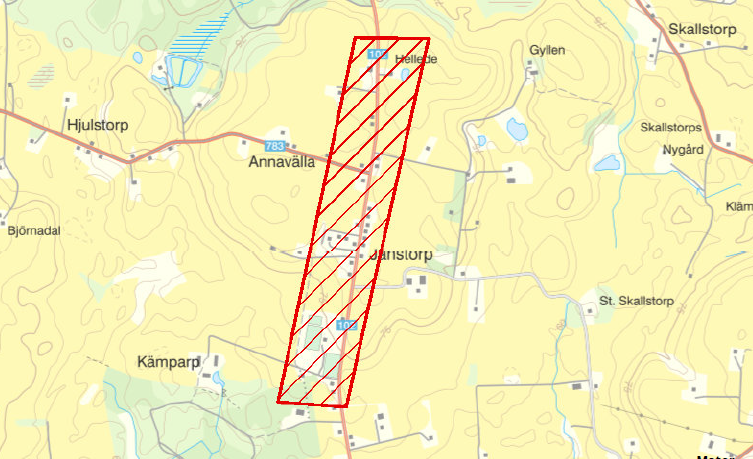 Karta som visar området runt Janstorps IF och Slimminge bygdegård vid riksväg 102 Skurups kommun