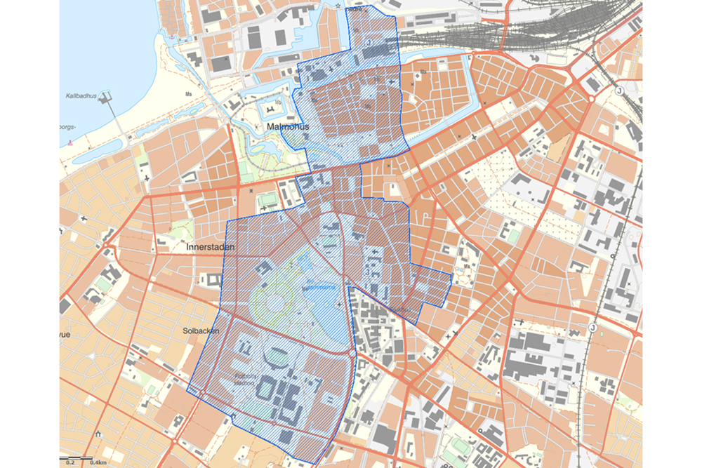 Kartbild med markerat område från och omkring Malmö Central, över Pildammsparken och runt Eleda Stadion. Där bevakning med UAS kommer ske.