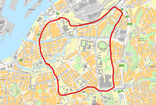 Inringat område runt Gamla Ullevi på karta över centrala Göteborg
