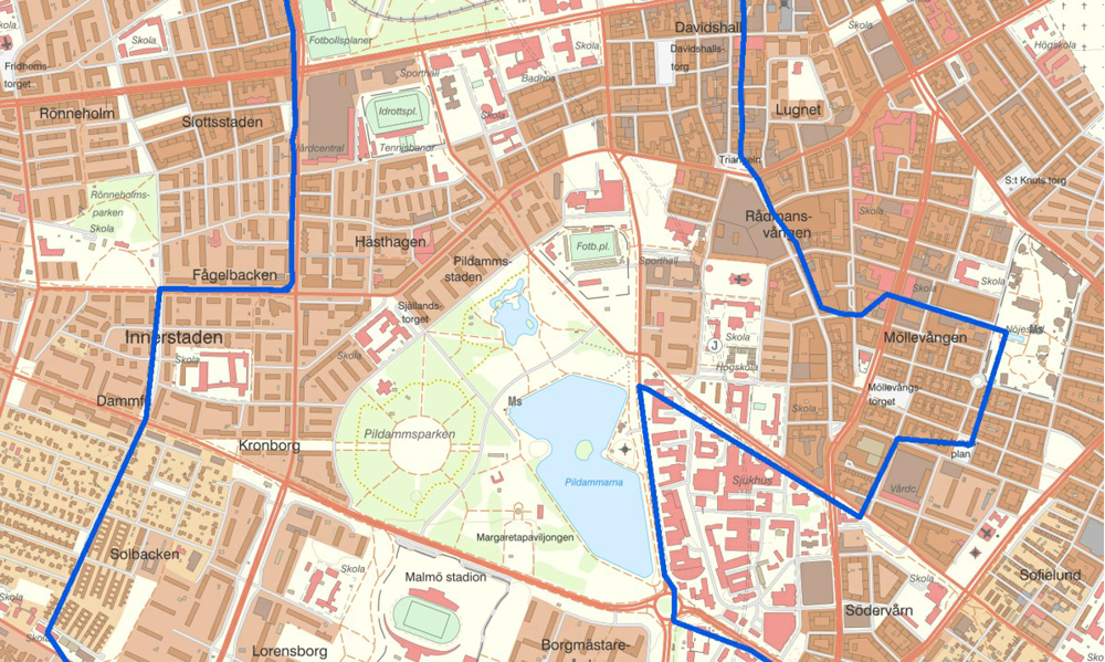 Karta Möllevångstorget och Carl Gustafs väg.