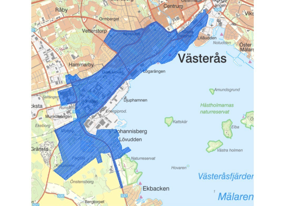 Kartbild över aktuellt område där bevakning med drönare kan komma att ske.