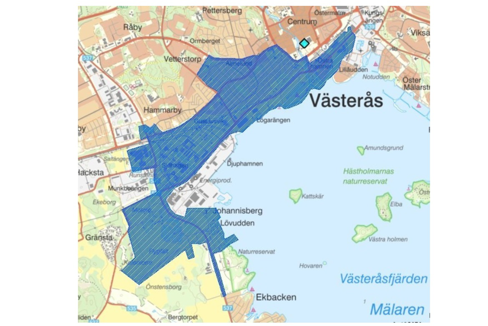 Karta över det område i Västerås som kan komma att bevakas med UAS under Summer meet 2025.