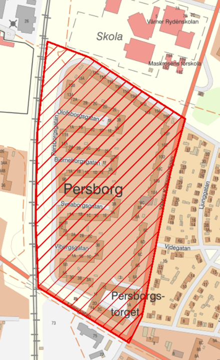 karta över områden runt Persborg som ska kamerabevakas.