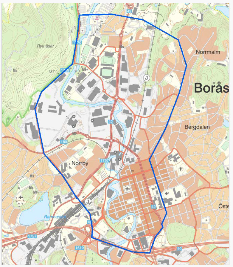 Karta över Borås arena ocn centraloa Borås som bevakas med drönare.