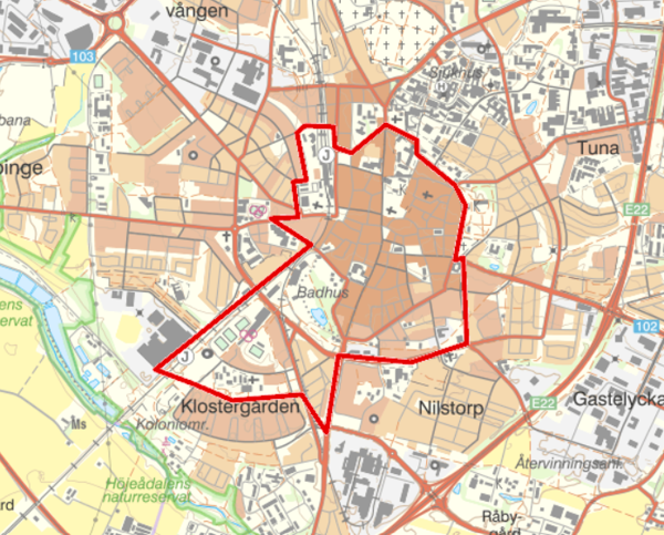 Kartbild som visar området där det kan ske kamerabevakning med drönare i delar av centrala Lund samt stadsparken med intilliggande områden.