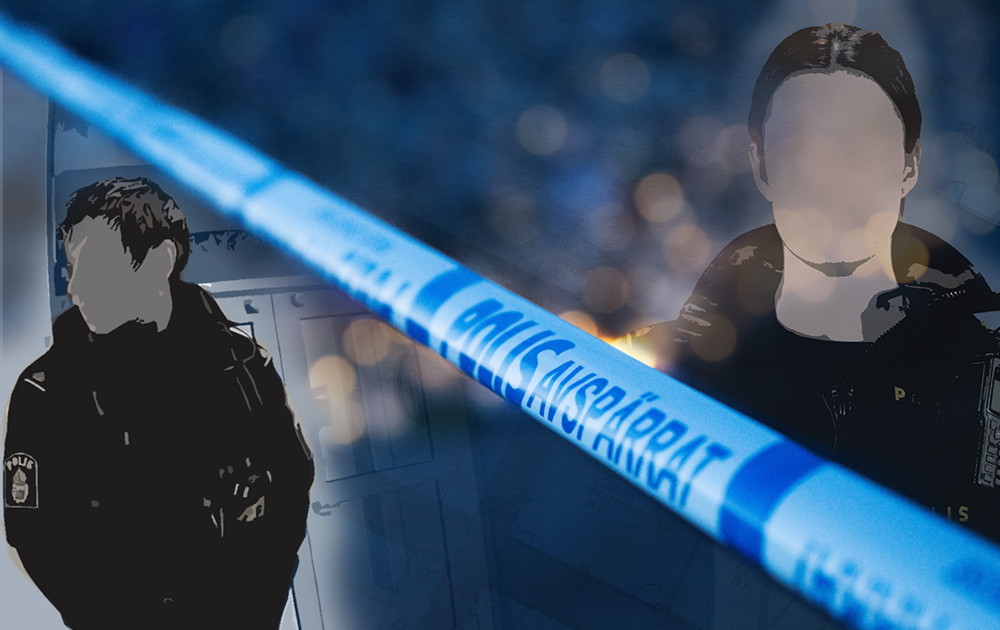 Montagebild - ljus, polisband och illustrationer av två poliser.