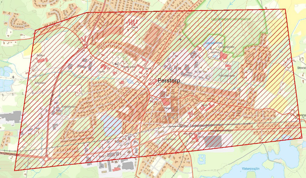 Karta över området i Perstorp som bevakas med drönare.