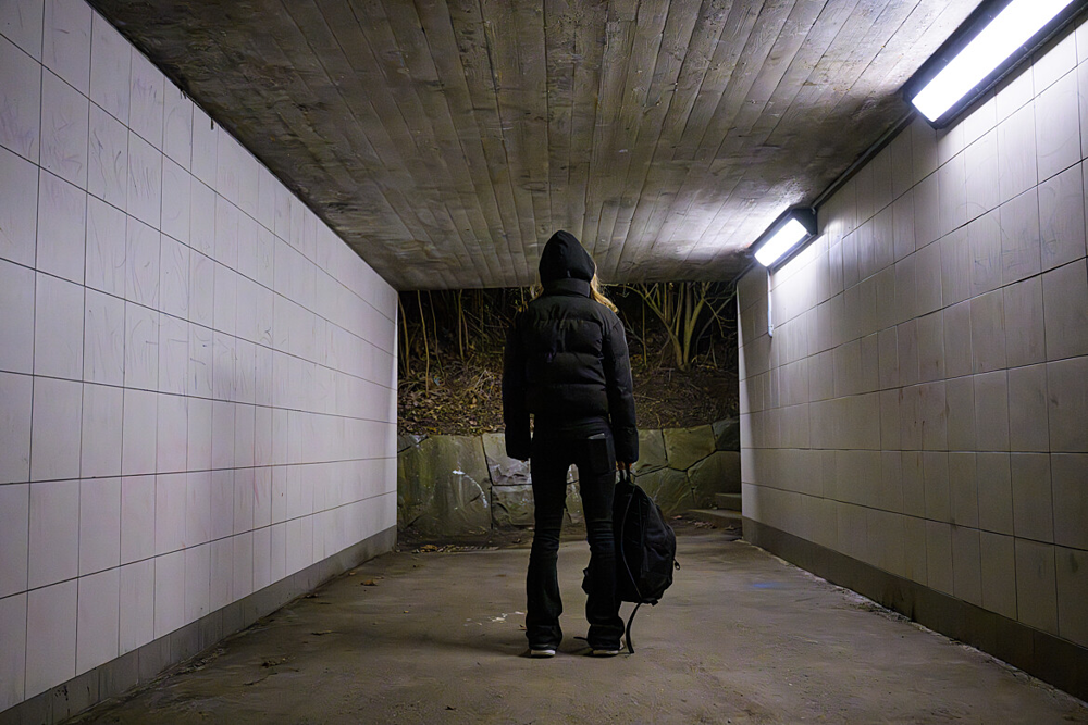 En svartklädd tjej står i en tunnel och väntar, hållandes en ryggsäck. Arrangerad bild.
