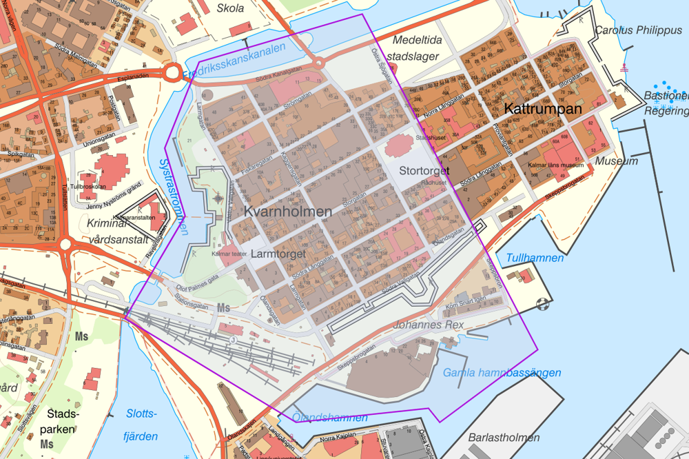 Karta över området i centrala Kalmar som bevakas med drönare.