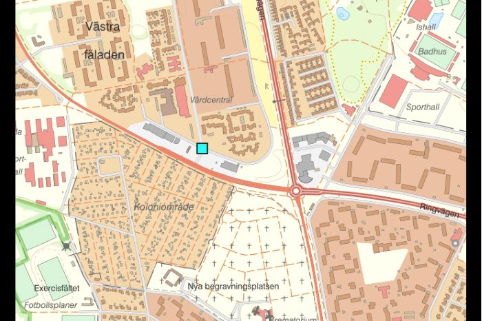 Kartbild över området där Ubaidah Othman hittades knivhuggen till döds i Landskrona 2020