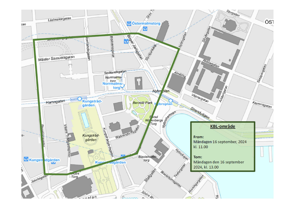 Karta över området i Stockholm city som bevakas med drönare.