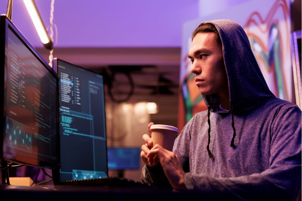 Ung man i huva vid datorer, en hackare