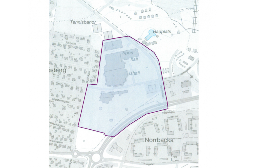 Bilden visar en karta över området vid Skellefteå Kraft Arena som polisen kan komma att kamerabevaka med drönare.