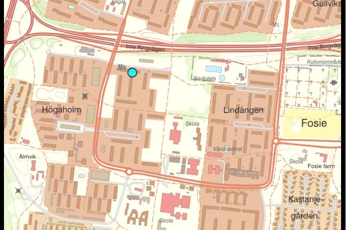 Kartbild över Högaholm där Rami Amin blev skjuten på Balladgatan 5 i Malmö