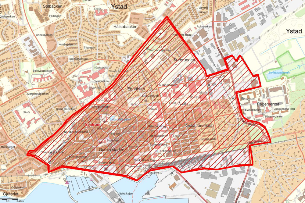 Karta över området i centrala Ystad som bevakas med drönare