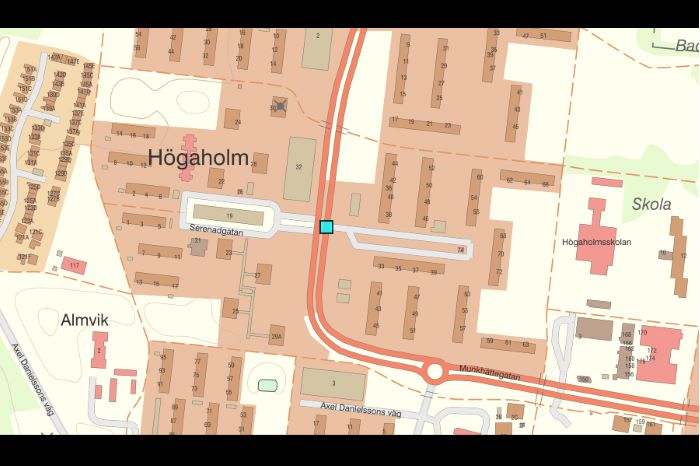 Kartbild över Högaholm i Malmö med korsningen Munkhättegatan/Serenadgatan markerad.