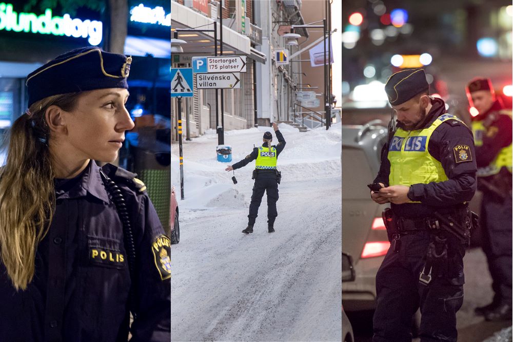 Bildkollage med bild på polis som dirigerar trafik på snöig gata och poliser som genomför fordonstkontroll på kvällen.