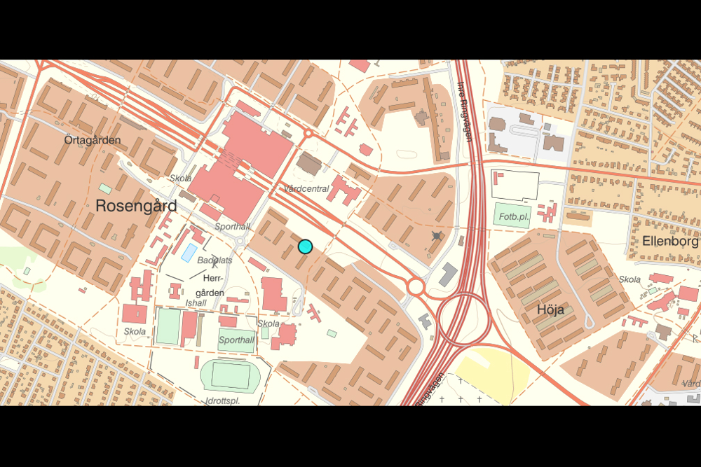 Kartbild över Rosengård Musse Gataa, funnen död i Malmö 1998