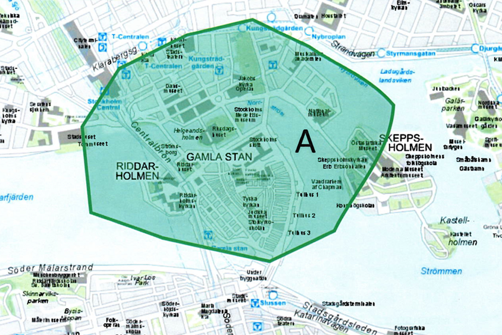 Bild på karta över området i Stockholm som kamerabevakas med drönare klockan 07.00-20.00.