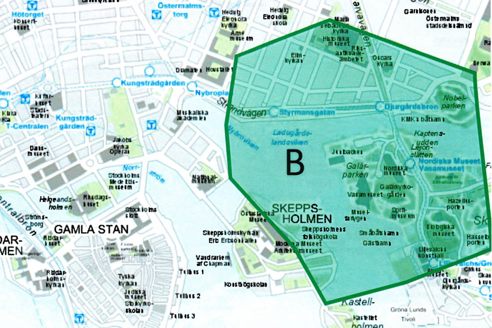 Bild på karta över området i centrala Stockholm som kan komma att kamerabevakas med drönare klockan 17.00-23.00.