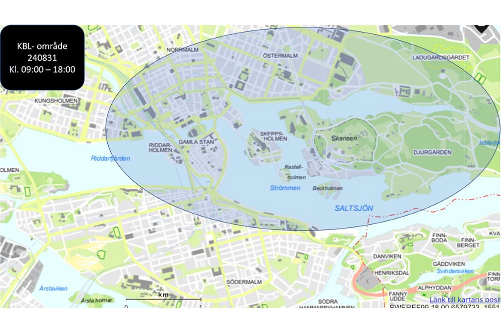 Karta över centrala Stockholm som kan kamerabevakas med drönare.