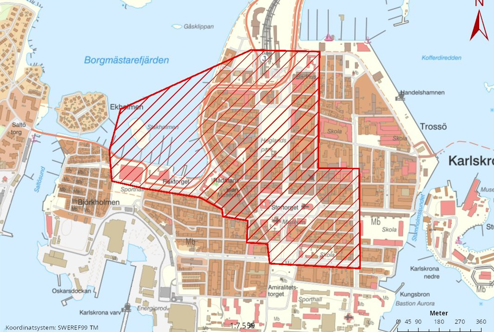 Karta över området i centrala Karlskrona som bevakas med drönare.