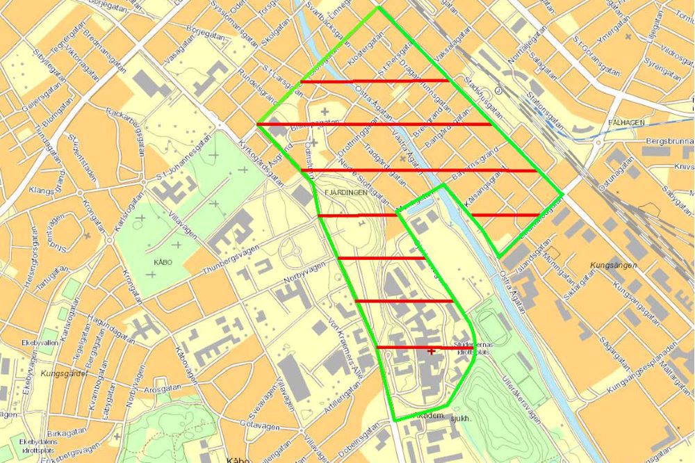 Karta över studentflaksväg i Uppsala den 5:e juni.