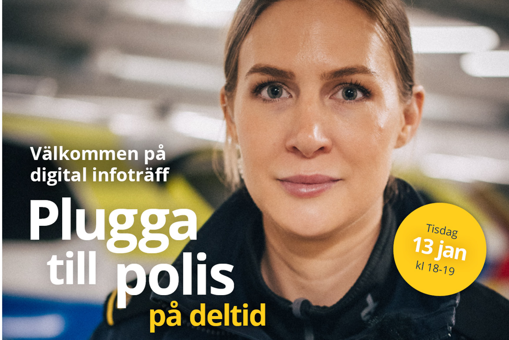 Bild på polis, med text att det är en digital infoträff 13 januari 2026 klockan 18-19