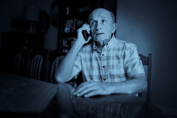 Äldre man med rutig skjorta sitter vid ett bord och pratar i mobiltelefon.
