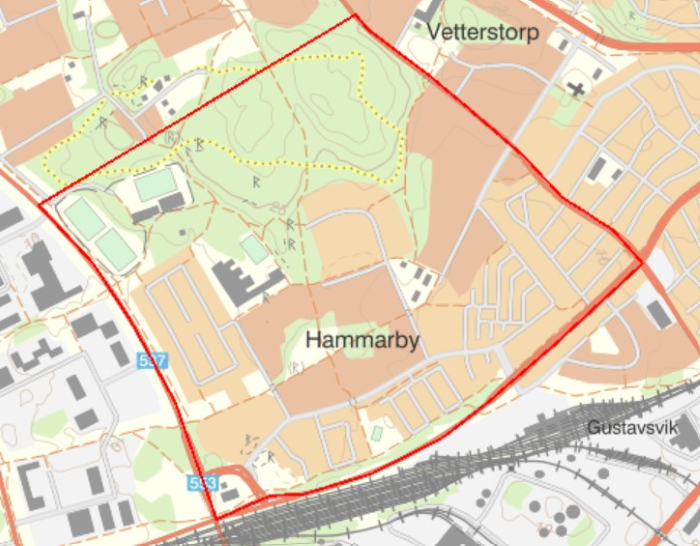 Aktuellt område för UAS (drönare) på Hammarby.