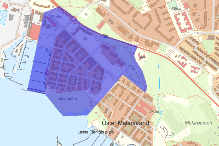 Karta över kamerabevakningsområde i Öster Mälarstrand.