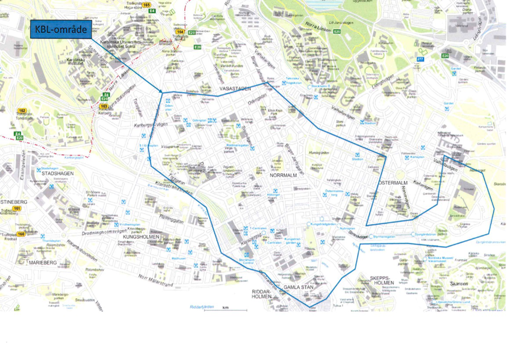 Del av innerstaden som kan komma att bevakas med drönare visas på karta. Området består av Norrmalm i sin helhet, större delen av Östermalm, del av Vasastaden, del av Gamla stan vid Riddarhuset, Mynttorget, kungliga slottet och Skeppsbrokajen 