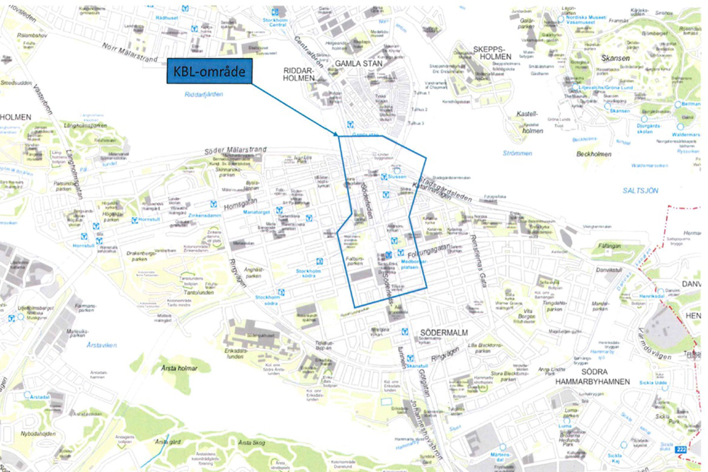 Kartbild som visar den del av Södermalm som kan komma att bevakas med drönare. Området består av Slussen och Medborgarplatsen med omgivning.