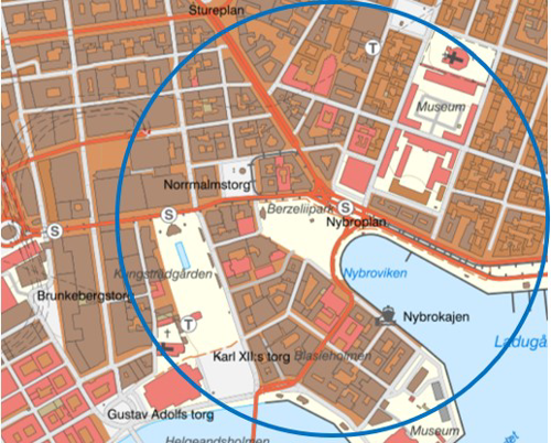 Bild på en karta över Nybroplan, Kungsträdgården och Östermalm i Stockholm