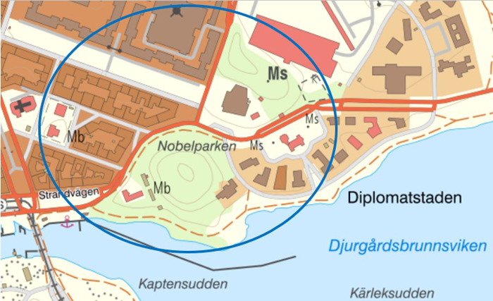 Kartbild över Nobelparken i Stockholm