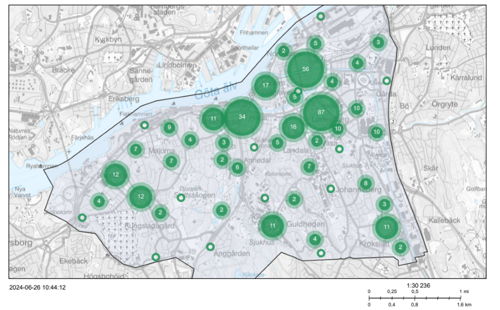 En kartbild som visar var brotten våldtäkt och sexuellt ofredande sker i Göteborg city,