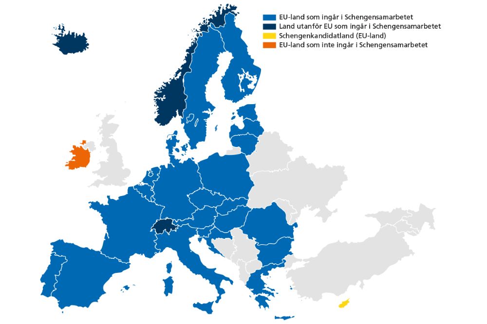 Karta över lnder som ingår i Schengensamarbetet