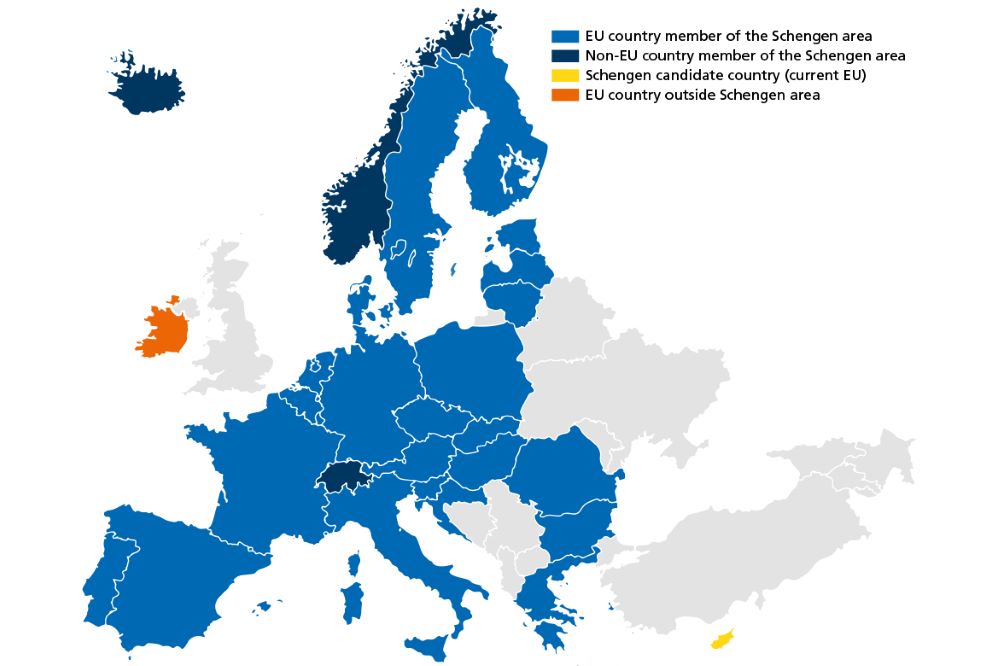 Map showing countries in Europe which are part of the Schengen area.