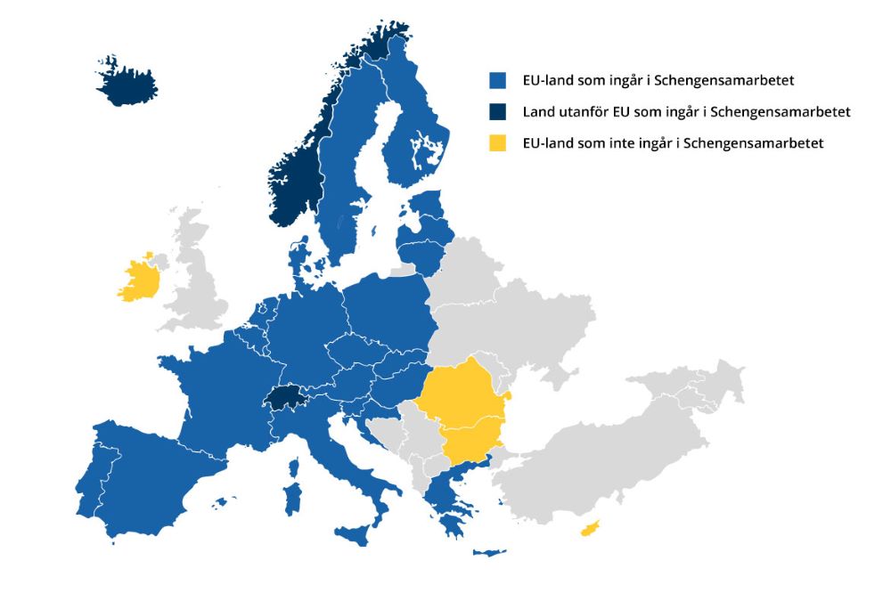 Karta som visar europeiska länder som ingår i  och de som inte ingår i Schengsamarbetet.
