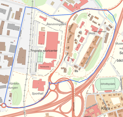 Karta över Tingvalla Sportcenter i Karlstad som ska bevakas av drönare.