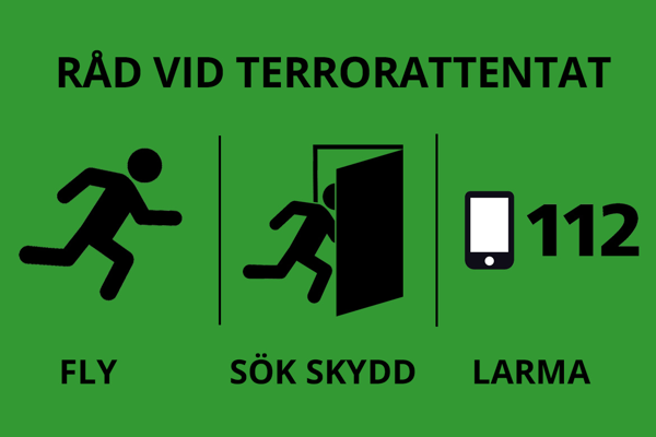 Råd vid terrorattentat: Fly > sök skydd > larma