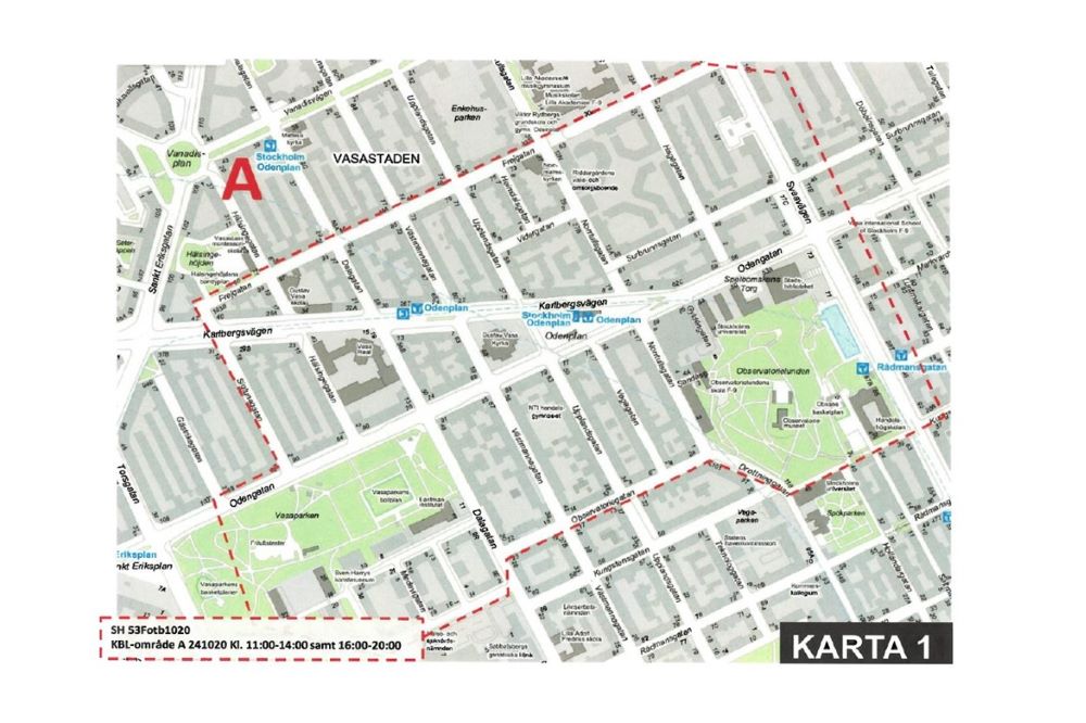 Karta som visar ett område kring Odenplan, Vasaparken och Observatorielunden som kan komma att bevakas med drönare.