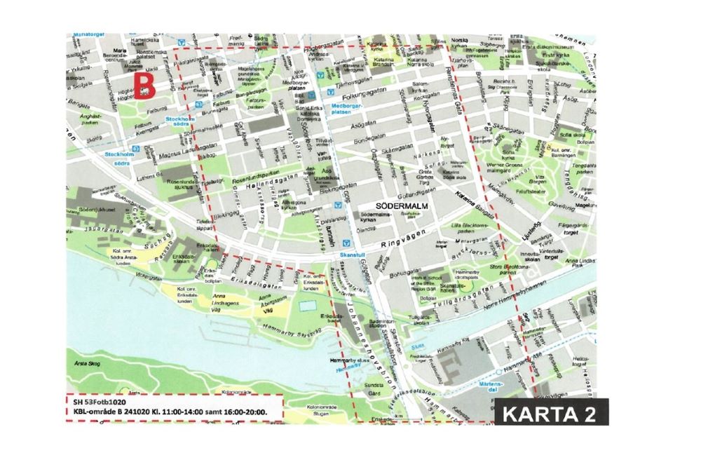 Karta som visar ett område kring Medborgarplatsen och Skanstullsbron som kan komma att bevakas med drönare.